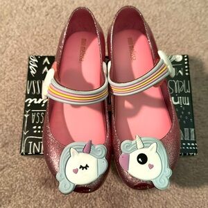 Mini Melissa, kids (30/12) pink glitter, unicorn shoes. NWT, box and dust bag.